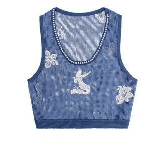 Agua Bendita Blue Mesh Top with White Accents
